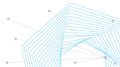 A geometric design with overlapping blue polygonal shapes forming a radial pattern, connected to gray circular nodes by thin lines extending outward.