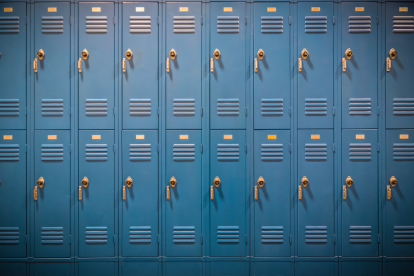 A photo of two rows of nondescript blue school lockers.
